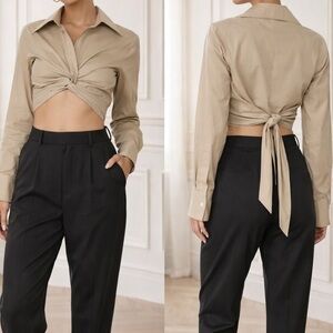 Ronny Kobo Palmer Wrap Crop Top Sand Tie Front Collared Blouse